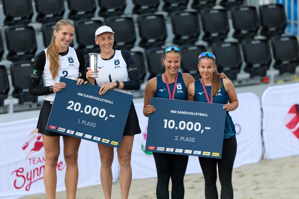 Tre kvinnelige sandvolleyballspillere poserer med premier etter NM. Den første plassen viser 20.000 kr og den andre plassen 10.000 kr.